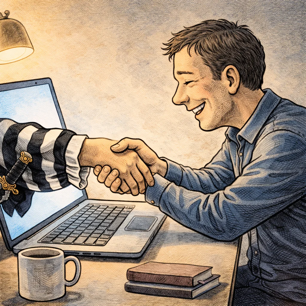 A developer shaking hands warmly with a striped magician's hand reaching out of his laptop screen, a dagger hidden in the cuff