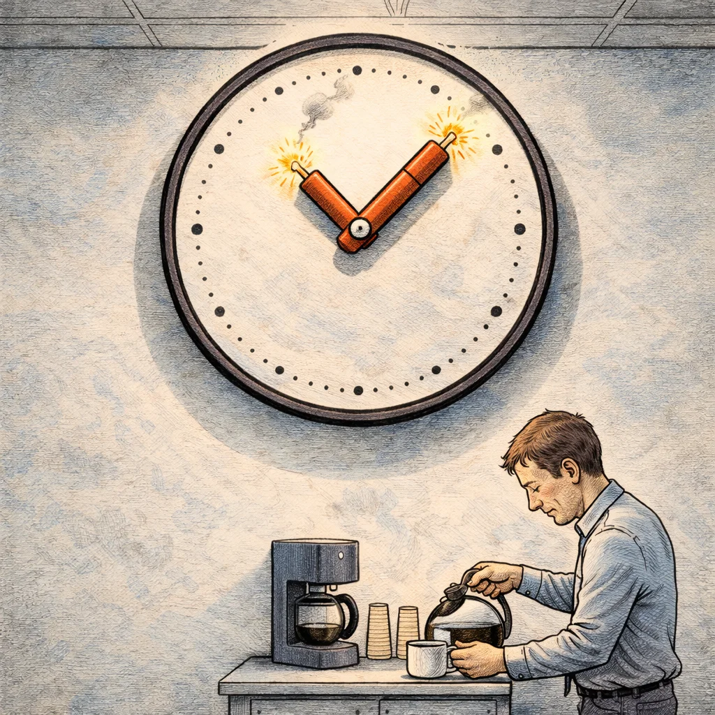 A wall clock whose hour and minute hands have been replaced with lit sticks of dynamite, while an oblivious office worker pours coffee beneath it