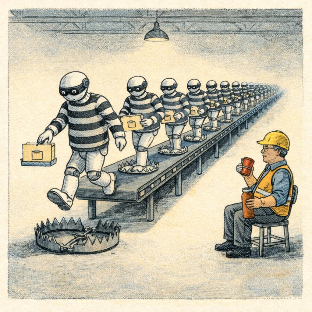 A conveyor belt of identical burglar robots, each walking off the end into the same bear trap while a defender in a hi-vis vest watches uninterestedly