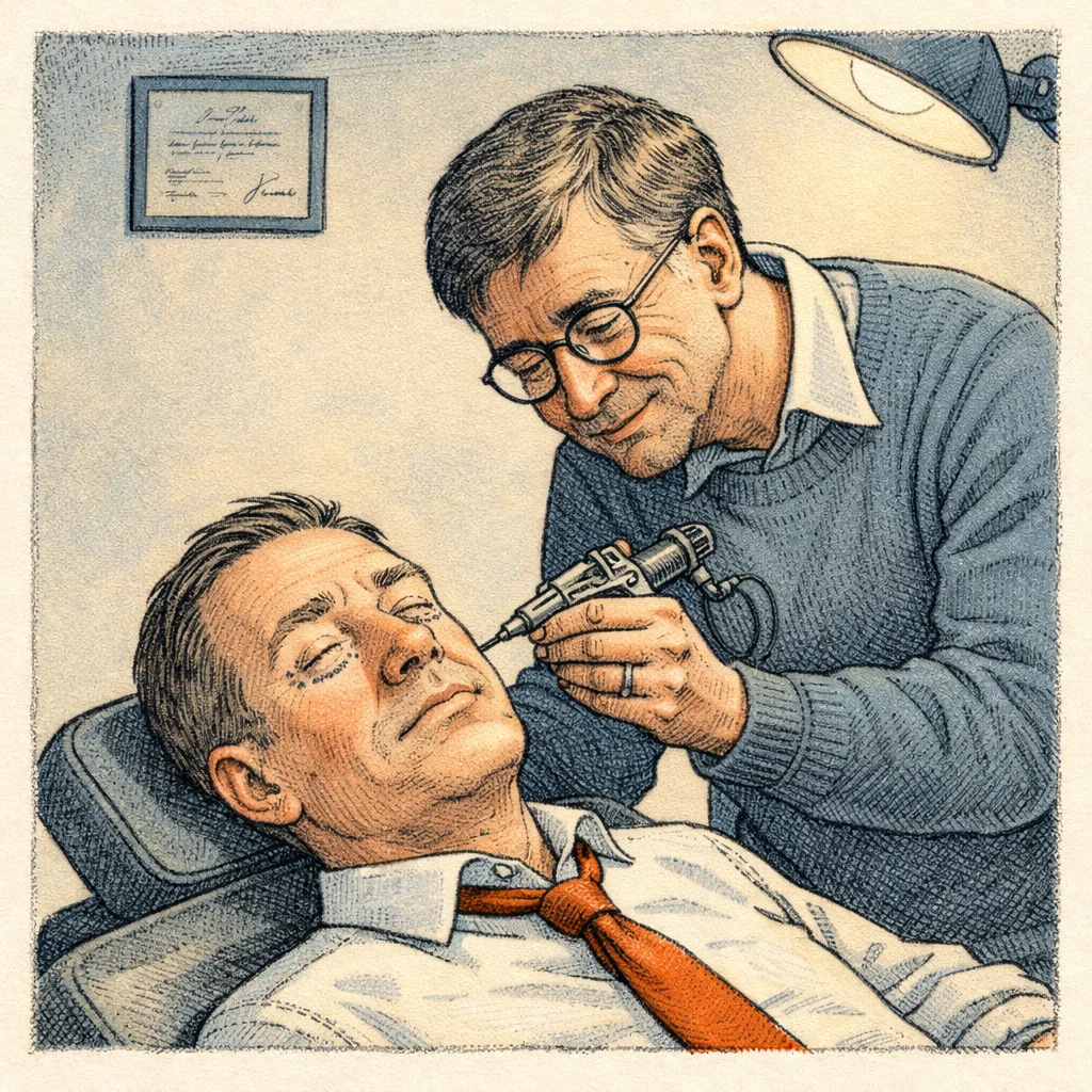Bill Gates leaning over a reclining executive with a tattoo gun, inking something onto the executive's closed eyelids